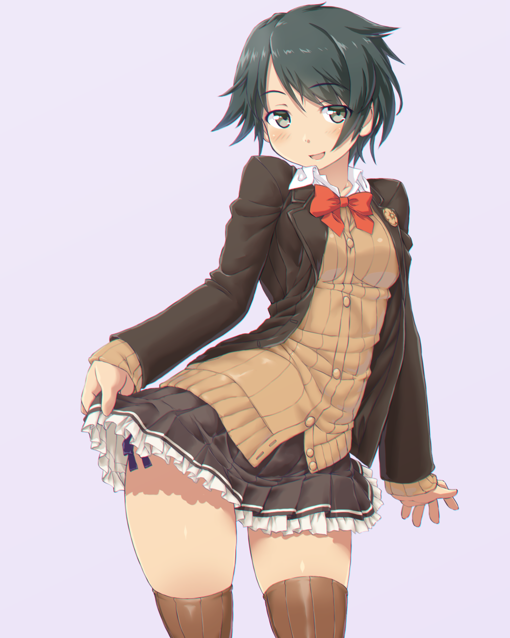 1girl alternate_costume black_skirt blazer bow bowtie breasts brown_jacket brown_legwear cardigan commentary_request cowboy_shot dd_(ijigendd) diomedea eyebrows_visible_through_hair green_eyes green_hair highres jacket kadokawa_games kantai_collection looking_at_viewer mogami_(kantai_collection) open_mouth pleated_skirt red_neckwear school_uniform simple_background skirt solo thigh-highs