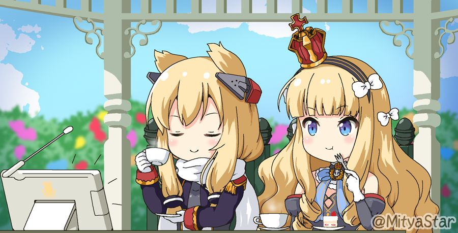 2girls :t azur_lane bangs black_hairband blonde_hair blue_eyes blue_sky blush bow cake chair closed_eyes closed_mouth clouds commentary_request crown cup day detached_sleeves dress eating epaulettes eyebrows_visible_through_hair food fork gloves grey_dress hair_bow hair_ears hair_ornament hairband headgear holding holding_cup holding_fork holding_saucer jacket juliet_sleeves long_hair long_sleeves miicha mini_crown multiple_girls on_chair outdoors puffy_sleeves purple_jacket queen_elizabeth_(azur_lane) ringlets saucer scarf sitting sky slice_of_cake smile strapless strapless_dress striped striped_hairband table teacup twitter_username v-shaped_eyebrows warspite_(azur_lane) wavy_hair white_bow white_gloves white_scarf