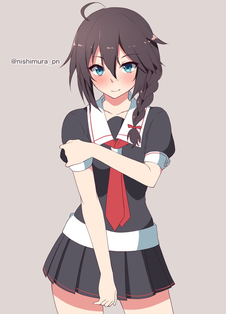 1girl ahoge black_hair black_serafuku blue_eyes braid commentary_request contrapposto cowboy_shot grey_background hair_flaps hair_over_shoulder kantai_collection looking_at_viewer necktie nishimura_pn red_neckwear remodel_(kantai_collection) school_uniform serafuku shigure_(kantai_collection) simple_background single_braid solo standing twitter_username