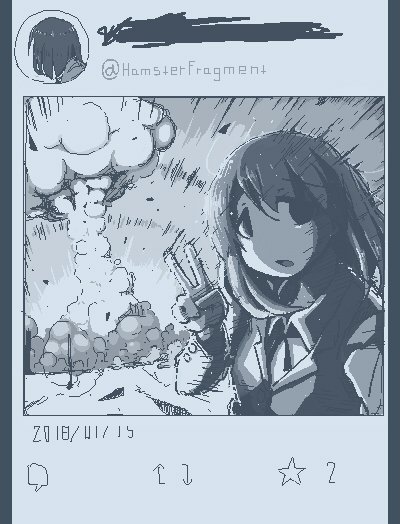 1girl black_eyes blue_theme collared_shirt explosion fake_screenshot hamsterfragment long_hair monochrome mushroom_cloud no_nose nuclear_explosion open_mouth original self_shot shirt solo star twitter twitter_username upper_body v