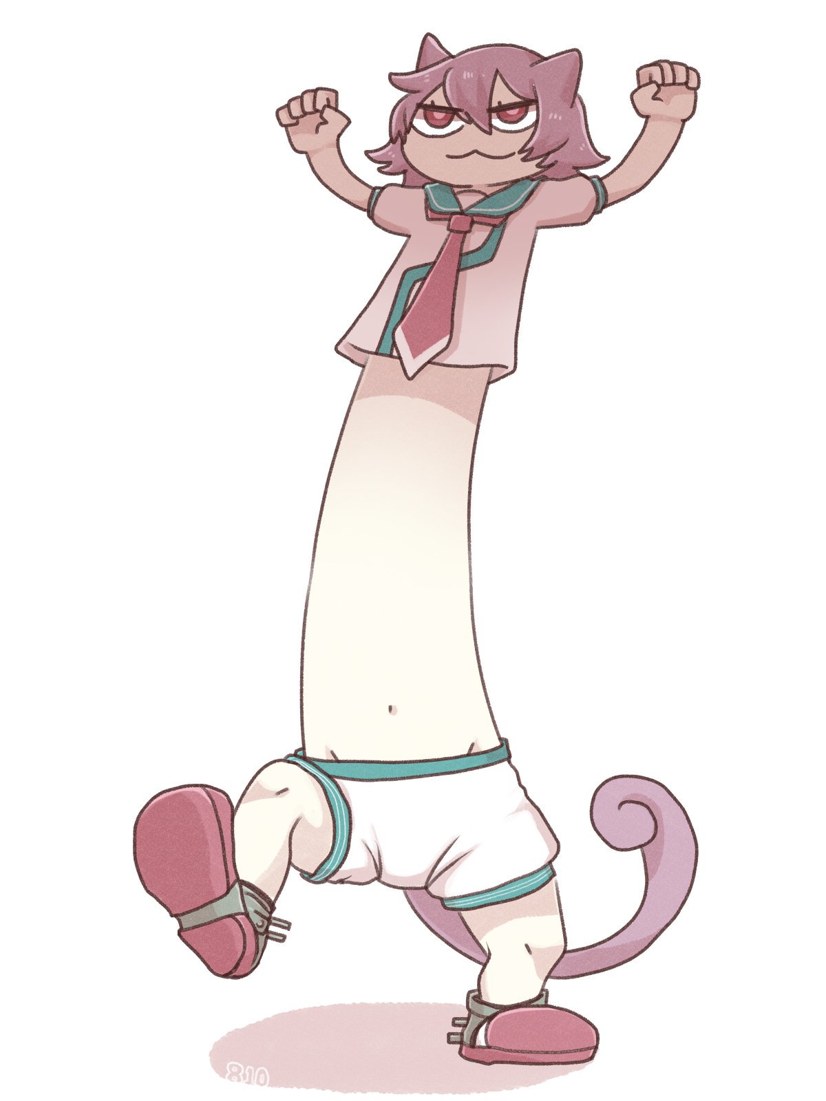 1girl 810_(dadmiral) :3 animal_ears arms_up cat_ears cat_tail commentary_request full_body gigantamax gigantamax_meowth highres kantai_collection navel necktie parody pink_hair pokemon pokemon_(game) pokemon_swsh red_eyes red_neckwear sailor_collar short_hair shorts simple_background solo standing standing_on_one_leg tail tama_(kantai_collection) white_background
