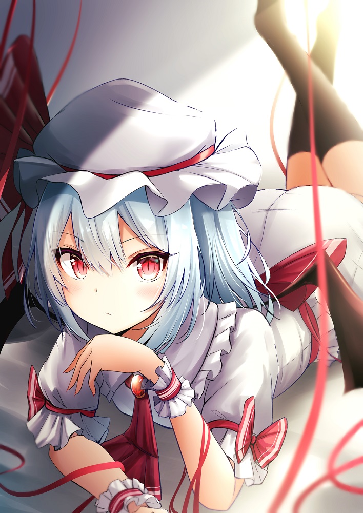 1girl ascot ass bangs bat_wings black_legwear blurry bow brooch closed_mouth collared_dress dress frills hair_between_eyes hat jewelry kneehighs looking_at_viewer lying mob_cap on_stomach red_bow red_eyes red_neckwear red_ribbon remilia_scarlet renka_(cloudsaikou) ribbon short_hair short_sleeves silver_hair slit_pupils solo touhou white_dress white_headwear wings wrist_cuffs