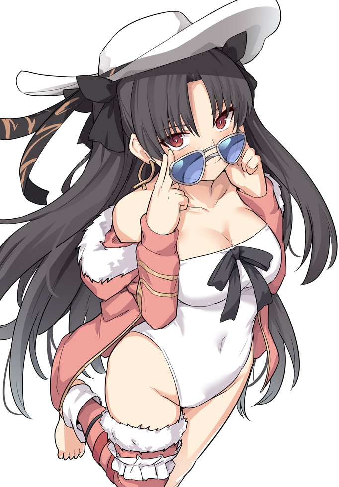 1girl asymmetrical_legwear bangs black_hair breasts collarbone earrings fate/grand_order fate_(series) feet fur-trimmed_hood fur-trimmed_legwear fur_trim gold_trim hair_ribbon hat hat_ribbon hoop_earrings ishtar_(fate/grand_order) ishtar_(swimsuit_rider)_(fate) jacket jewelry long_hair looking_at_viewer medium_breasts navel parted_bangs pink_hoodie pink_jacket pink_legwear red_eyes ribbon shiseki_hirame solo standing standing_on_one_leg sunglasses swimsuit thigh-highs white_headwear white_swimsuit