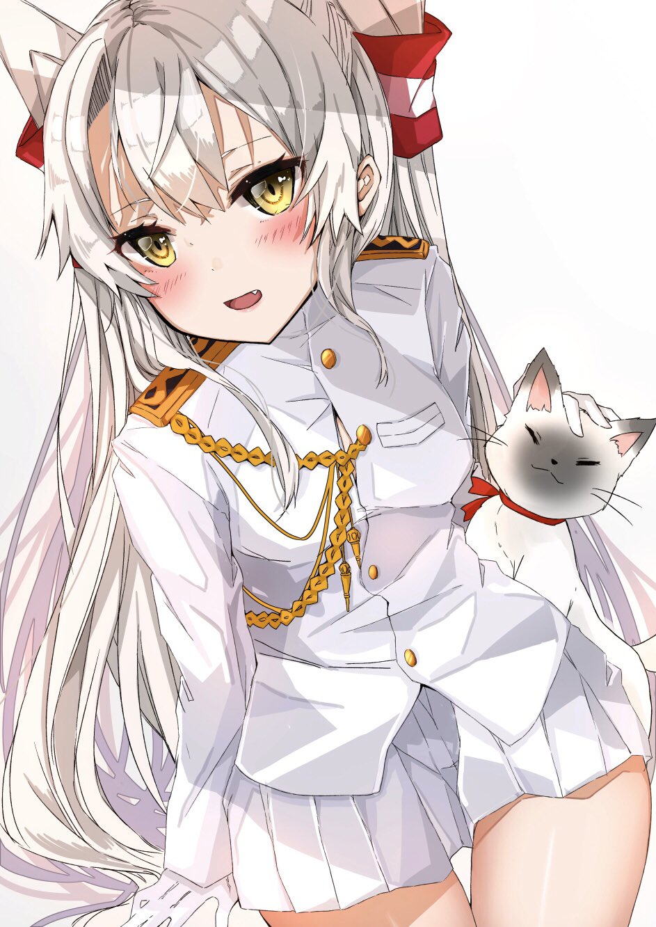 1girl 1other amatsukaze_(kantai_collection) cat chigasaki_y commentary_request cowboy_shot epaulettes fang gloves hair_tubes highres kantai_collection long_hair looking_at_viewer military military_uniform naval_uniform pleated_skirt rope silver_hair simple_background sitting skirt smile two_side_up uniform white_background white_gloves white_skirt windsock