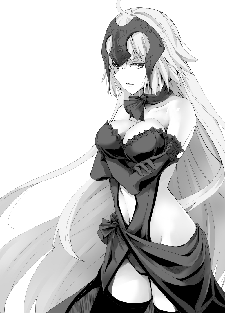 1girl ahoge bare_shoulders breasts crossed_arms elbow_gloves fate/grand_order fate_(series) gloves greyscale groin headpiece hip_focus jeanne_d'arc_(alter)_(fate) jeanne_d'arc_(fate)_(all) long_hair looking_at_viewer medium_breasts monochrome navel rikudou_inuhiko side_slit solo thigh-highs thighs very_long_hair white_background