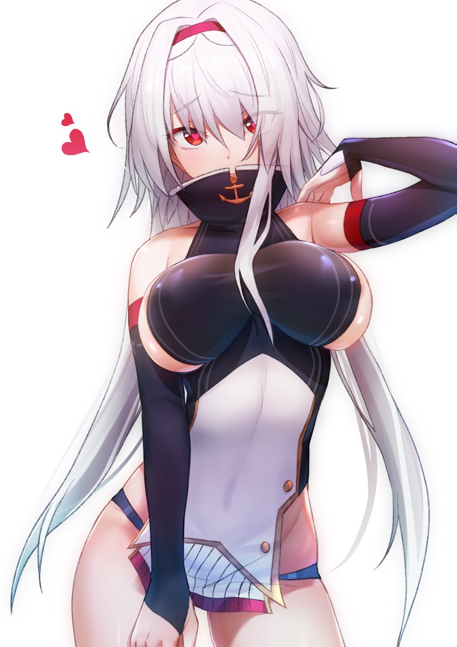 1girl azur_lane bangs bare_shoulders belt black_panties blush breasts colorado_(azur_lane) contrapposto cowboy_shot detached_sleeves dress eyebrows_visible_through_hair groin hair_over_one_eye hairband hand_up heart highres large_breasts long_hair looking_at_viewer panties pelvic_curtain red_eyes red_hairband sideboob sidelocks simple_background sleeveless sleeveless_dress solo underwear west_24 white_background white_hair