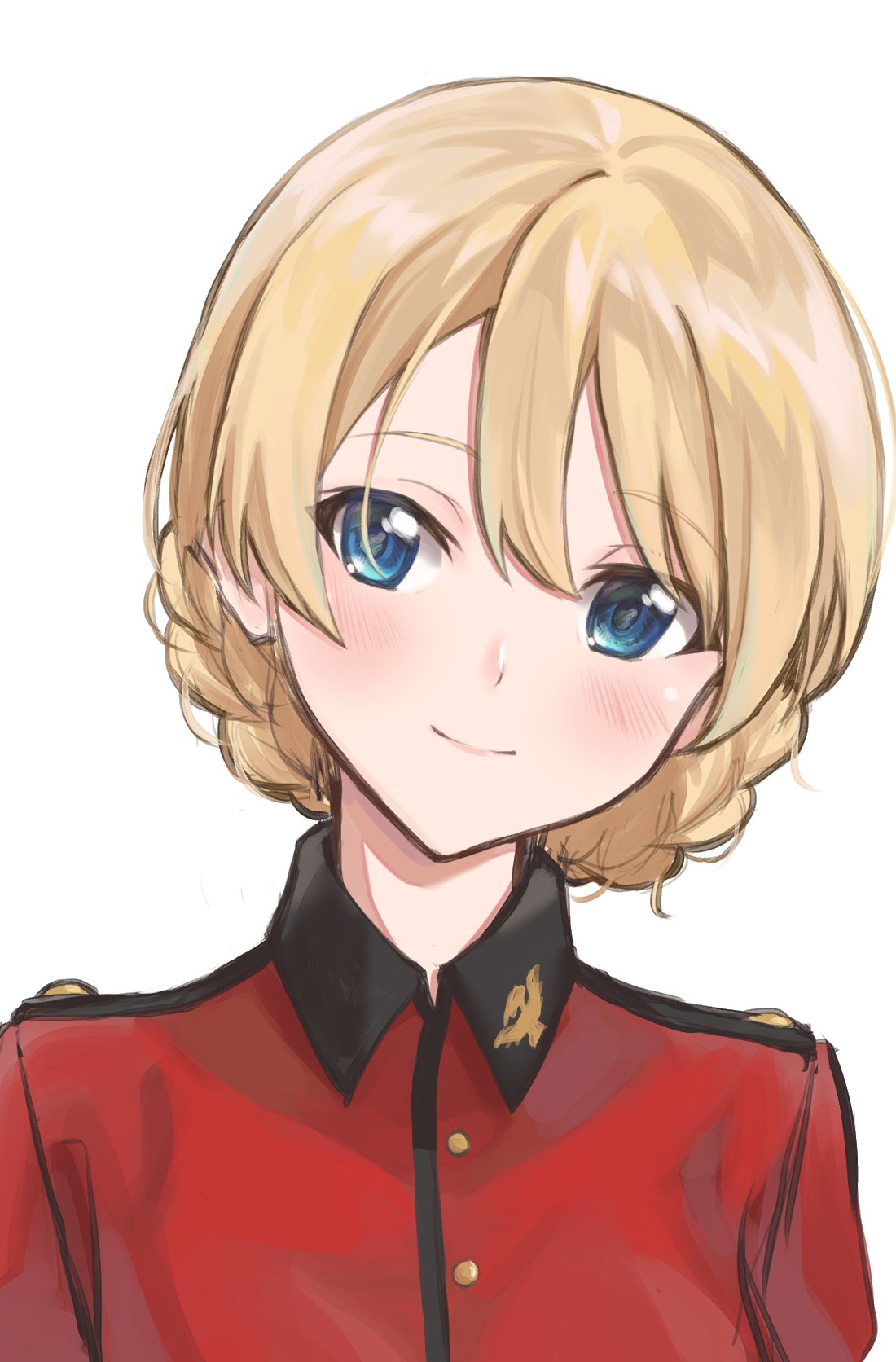 1girl bangs blonde_hair blue_eyes blush braid closed_mouth commentary_request darjeeling epaulettes eyebrows_visible_through_hair face girls_und_panzer head_tilt highres jacket looking_at_viewer mamu_t7s military military_uniform portrait red_jacket short_hair simple_background smile solo st._gloriana's_military_uniform tied_hair twin_braids uniform white_background
