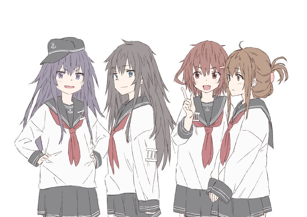 4girls akatsuki_(kantai_collection) alternate_hair_color anchor_symbol badge black_hair black_skirt blue_eyes brown_eyes brown_hair fang flat_cap folded_ponytail hair_between_eyes hair_ornament hairclip hat hibiki_(kantai_collection) ikazuchi_(kantai_collection) inazuma_(kantai_collection) kantai_collection long_hair long_sleeves looking_at_another looking_at_viewer matsutani messy_hair multiple_girls neckerchief no_hat no_headwear open_mouth pleated_skirt pointing pointing_up purple_hair red_neckwear school_uniform serafuku simple_background skirt violet_eyes white_background