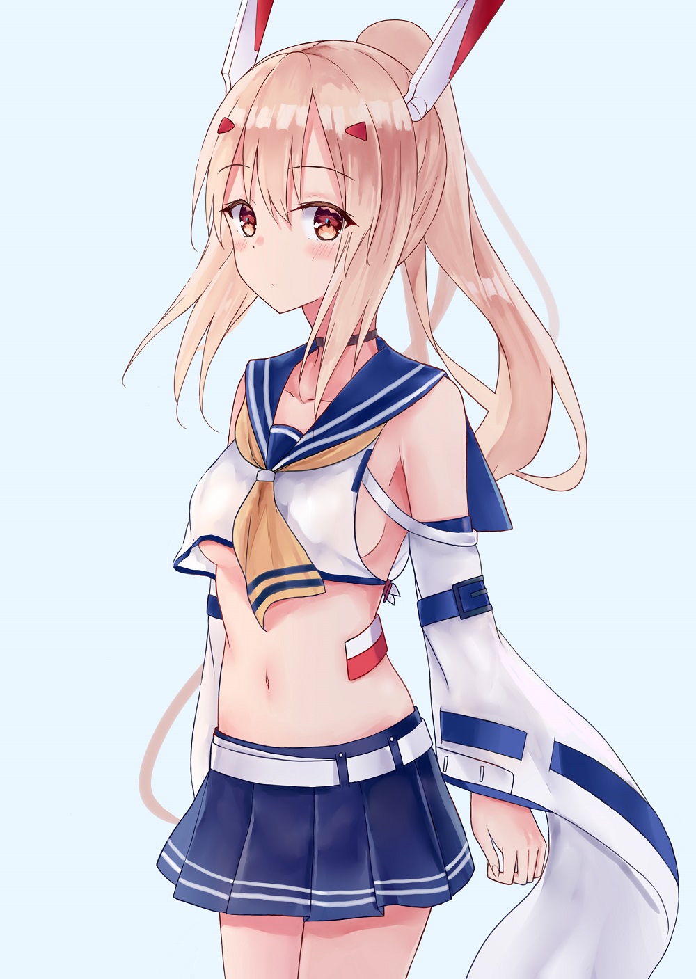 1girl akaya_(pixiv20545353) ayanami_(azur_lane) azur_lane bangs belt blue_background blue_sailor_collar blue_skirt blush closed_mouth commentary_request detached_sleeves eyebrows_visible_through_hair hair_between_eyes hair_ornament hairclip headgear high_ponytail highres light_brown_hair long_hair long_sleeves looking_at_viewer midriff navel pleated_skirt ponytail red_eyes retrofit_(azur_lane) sailor_collar school_uniform serafuku shirt simple_background skirt sleeveless sleeveless_shirt sleeves_past_wrists solo very_long_hair white_belt white_shirt white_sleeves wide_sleeves