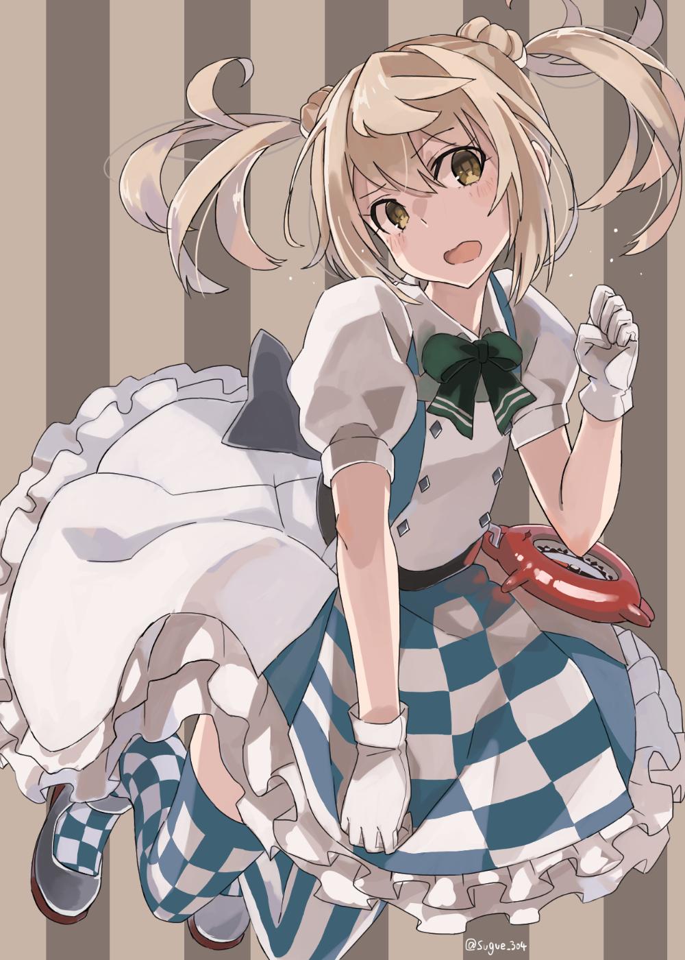 1girl bangs blush bow bowtie checkered checkered_legwear compass double_bun dress enemy_lifebuoy_(kantai_collection) eyebrows_visible_through_hair frilled_dress frills gloves green_neckwear hair_between_eyes highres kantai_collection light_brown_hair michishio_(kantai_collection) open_mouth puffy_short_sleeves puffy_sleeves shinkaisei-kan shoes short_sleeves short_twintails sidelocks simple_background solo striped striped_background sugue_tettou thigh-highs twintails twitter_username white_gloves yellow_eyes