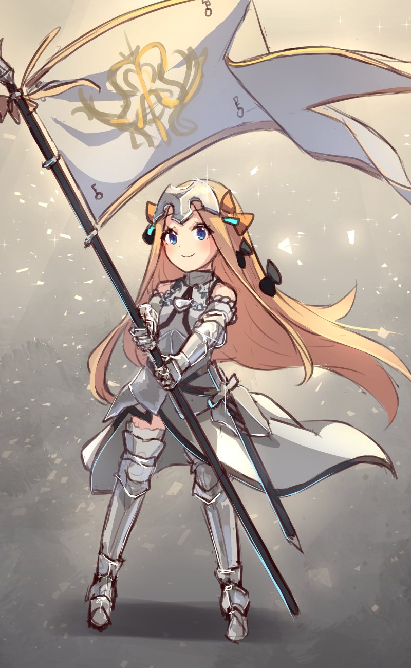 1girl abigail_williams_(fate/grand_order) armor armored_dress bangs bare_shoulders black_bow blonde_hair blue_eyes blush bow chain closed_mouth cosplay dress fate/apocrypha fate/grand_order fate_(series) faulds flag forehead gauntlets gradient gradient_background hair_bow headpiece highres jeanne_d'arc_(fate) jeanne_d'arc_(fate)_(all) jeanne_d'arc_(fate)_(cosplay) long_hair miya_(pixiv15283026) orange_bow parted_bangs plackart polearm sheath smile solo sparkle sword thigh-highs weapon white_dress