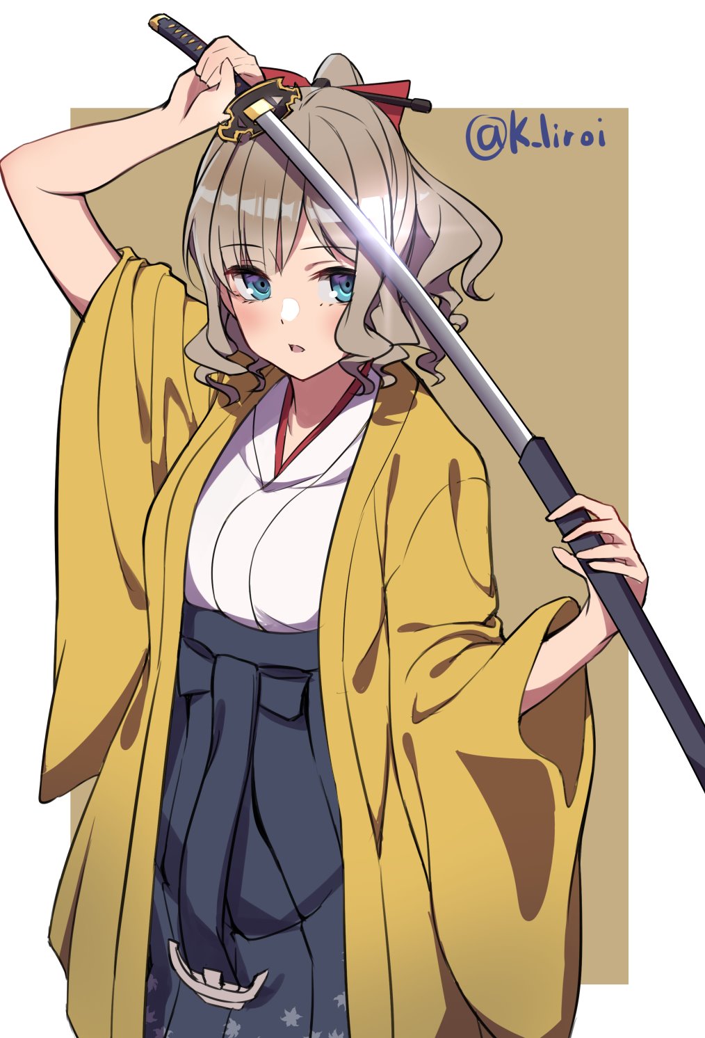 1girl black_hakama border brown_background brown_hair drawing_sword drill_hair hair_between_eyes hair_ornament hair_ribbon hakama hakama_skirt happi hatakaze_(kantai_collection) highres japanese_clothes kagari_leroy kantai_collection katana kimono light_brown_hair meiji_schoolgirl_uniform ponytail red_ribbon ribbon scabbard sheath solo sword twitter_username two-tone_background unsheathing weapon white_border white_kimono yellow_kimono