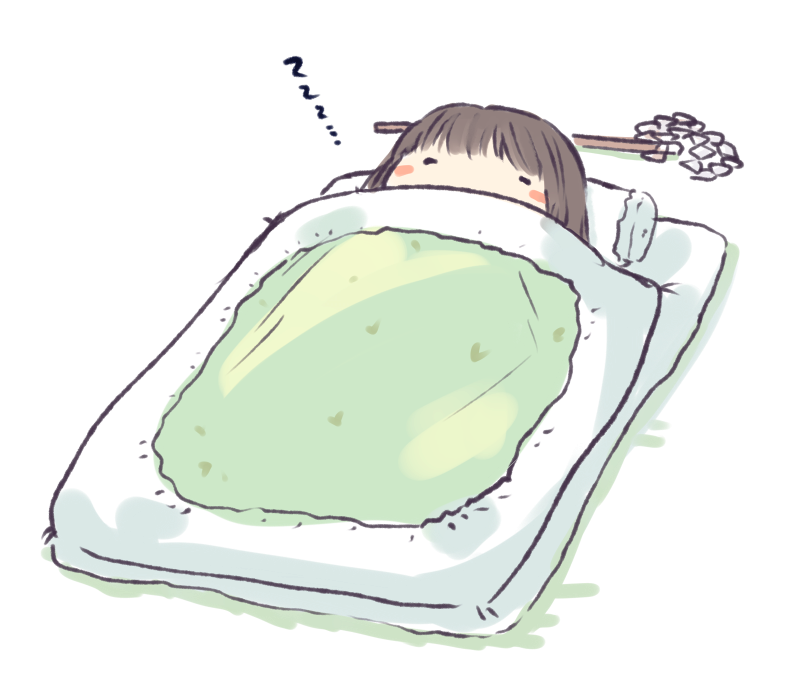 1girl =_= bangs black_hair blanket blush_stickers closed_eyes commentary_request futon gohei hakurei_reimu lying miyo_(ranthath) on_back pillow simple_background sleeping solo touhou under_covers white_background zzz