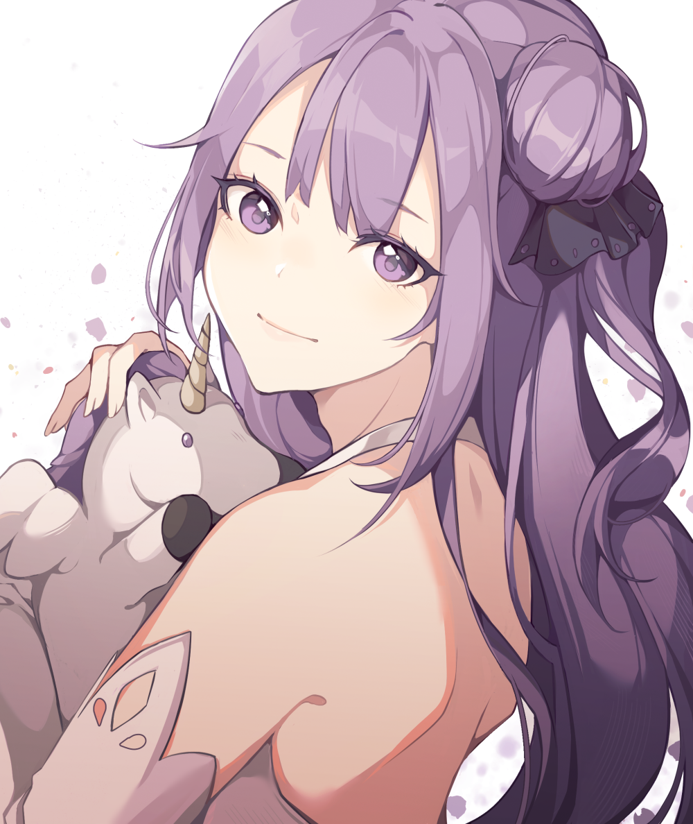 1girl azur_lane backless_dress backless_outfit bangs black_ribbon closed_mouth detached_sleeves dress eyebrows_visible_through_hair from_behind hair_bun hair_ribbon head_tilt light_smile long_hair looking_at_viewer petals purple_hair ribbon saibe sidelocks solo stuffed_alicorn unicorn_(azur_lane) violet_eyes wavy_hair white_dress