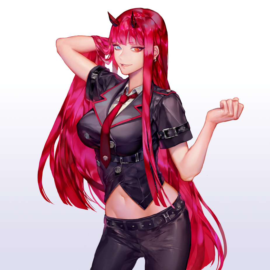 1girl bangs belt black_pants blue_eyes breasts clenched_hand earrings hand_in_hair hand_up heterochromia horns jewelry long_hair medium_breasts navel necktie ohayosayonara original pants red_eyes red_neckwear redhead short_sleeves simple_background solo standing symbol_commentary very_long_hair