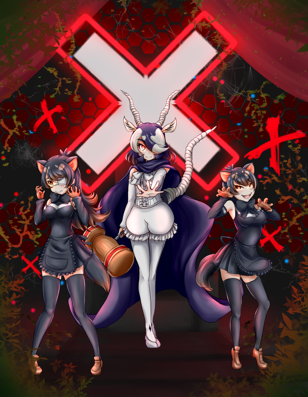 3girls apron australian_devil_(kemono_friends) blackbuck_(kemono_friends) commentary_request eyepatch fangs gloves hair_over_one_eye hammer_lance highres holding horn_lance horns kemono_friends long_hair medical_eyepatch multiple_girls skirt tail takkutin_omega tasmanian_devil_(kemono_friends) tasmanian_devil_ears tasmanian_devil_tail weapon