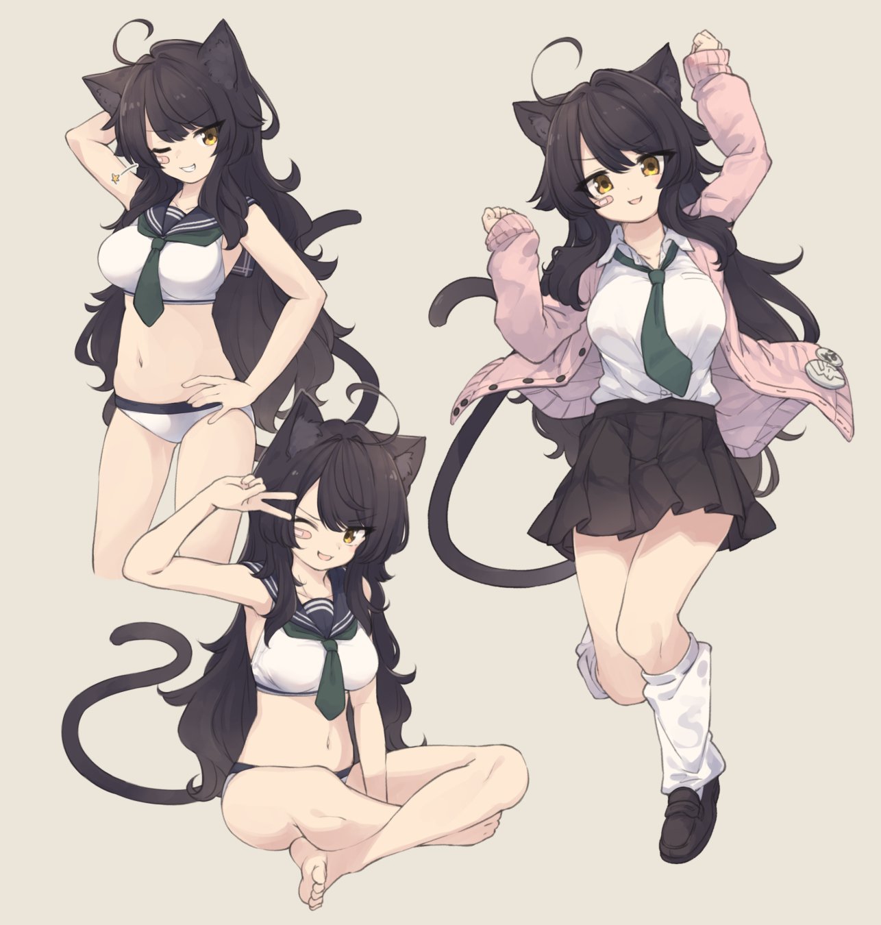 1girl :d ;d ahoge animal_ear_fluff animal_ears arm_up bandaid bandaid_on_face bangs bikini black_footwear black_hair black_sailor_collar black_skirt breasts brown_background cardigan cat_ears cat_girl cat_tail collarbone collared_shirt commentary_request dress_shirt eyebrows_visible_through_hair green_neckwear grin hand_on_hip highres kneehighs loafers long_hair long_sleeves looking_at_viewer loose_socks medium_breasts multiple_views natsuki_teru navel necktie one_eye_closed open_cardigan open_clothes open_mouth original pink_cardigan pleated_skirt sailor_bikini sailor_collar school_uniform shirt shoes short_necktie simple_background skirt sleeves_past_wrists smile standing standing_on_one_leg star swimsuit tail v-shaped_eyebrows v_over_eye very_long_hair white_bikini white_legwear white_shirt yellow_eyes