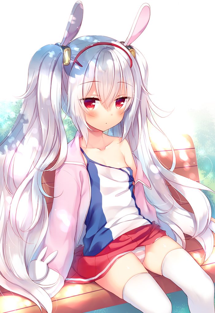 1girl animal_ears azur_lane backlighting bangs bare_shoulders bench blush breasts camisole closed_mouth collarbone commentary_request eyebrows_visible_through_hair hair_between_eyes hair_ornament hairband jacket laffey_(azur_lane) long_hair long_sleeves looking_at_viewer off_shoulder on_bench open_clothes open_jacket panties park_bench pink_jacket pleated_skirt rabbit_ears red_eyes red_hairband red_skirt sazaki_ichiri silver_hair sitting sitting_on_bench skirt sleeves_past_fingers sleeves_past_wrists small_breasts solo strap_slip striped striped_panties thigh-highs twintails underwear very_long_hair white_background white_camisole white_legwear