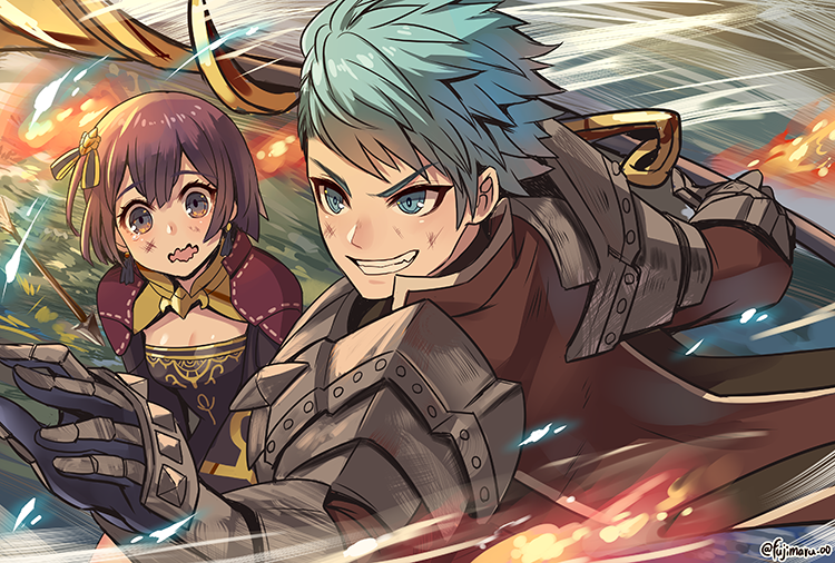 1boy 1girl armor arrow bernadetta_von_varley blue_eyes blue_hair caspar_von_bergliez dress fire_emblem fire_emblem:_three_houses fujimaru_(green_sparrow) grey_eyes grin hair_ornament injury open_mouth purple_hair short_hair smile twitter_username