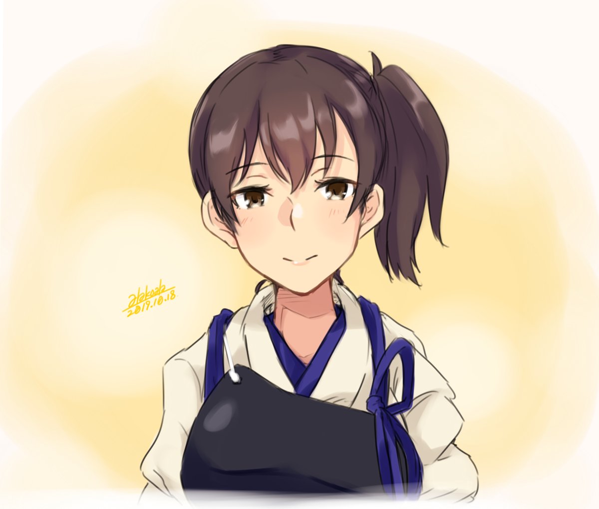1girl alakoala_shoushou brown_eyes brown_hair commentary_request dated japanese_clothes kaga_(kantai_collection) kantai_collection light_smile long_hair looking_at_viewer muneate parted_lips side_ponytail signature smile solo tasuki upper_body yellow_background