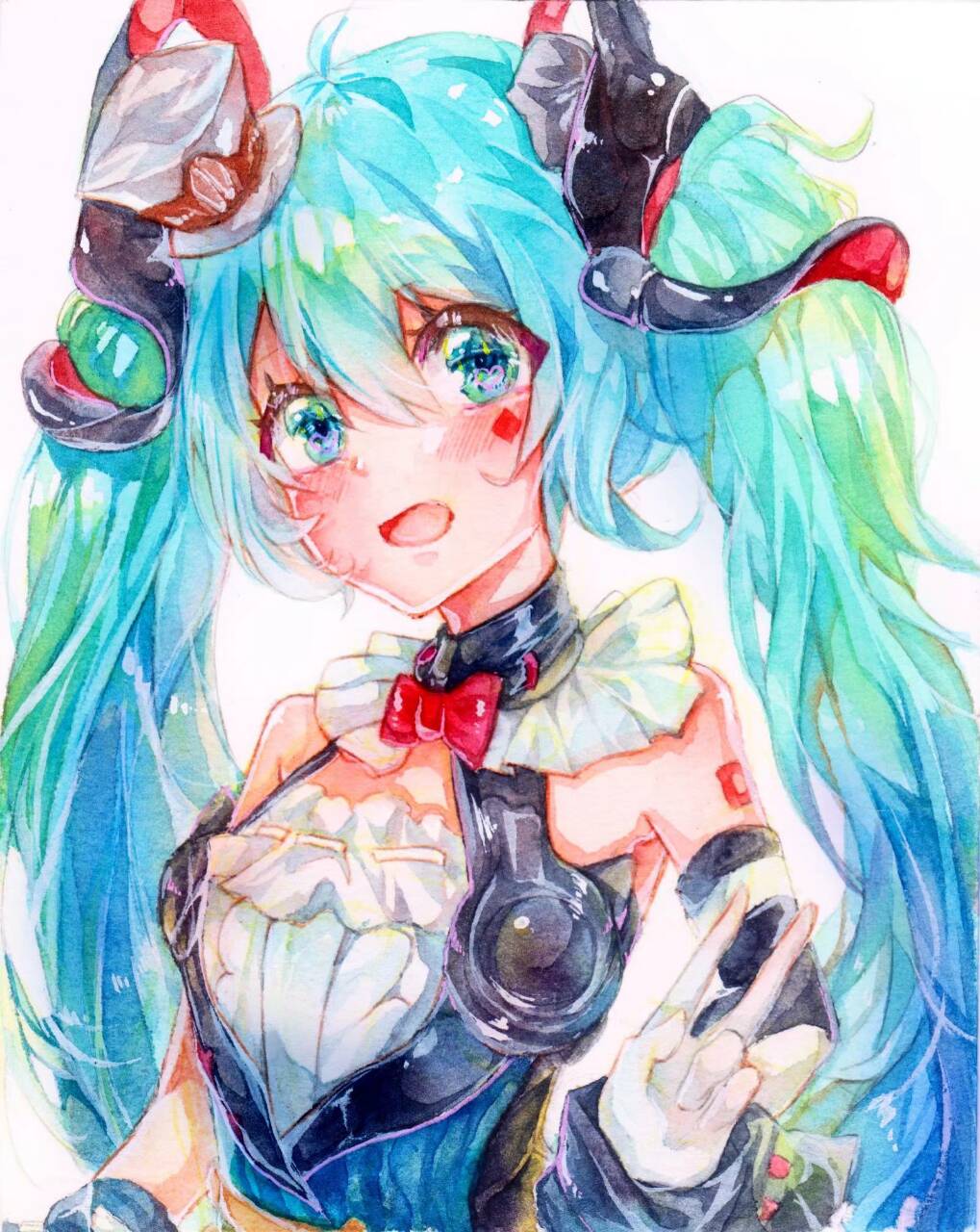 1girl aqua_eyes aqua_hair asymmetrical_sleeves bare_shoulders blush bow bowtie diamond_(shape) dress facial_tattoo framed_breasts frilled_dress frills gloves guzangnanfeng hair_ornament hat hatsune_miku heart heart_in_eye highres long_hair looking_at_viewer magical_mirai_(vocaloid) mini_hat mini_top_hat neck_ruff open_mouth shoulder_tattoo smile solo symbol_in_eye tattoo top_hat traditional_media twintails upper_body v very_long_hair vocaloid watercolor_(medium) white_background white_dress white_gloves wrist_cuffs