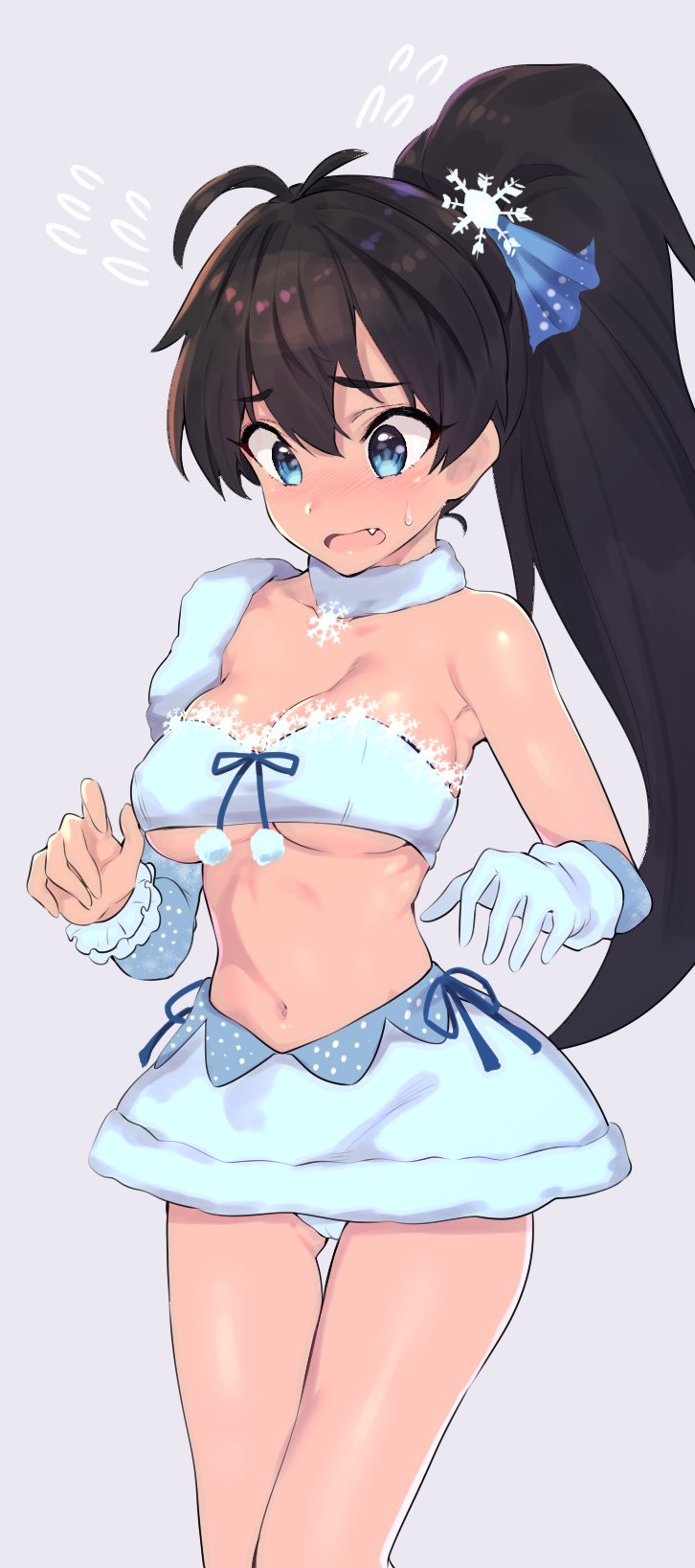 1girl antenna_hair black_hair blue_eyes blue_skirt breasts commentary_request fang ganaha_hibiki gloves hair_ornament high_ponytail highres idolmaster idolmaster_(classic) large_breasts long_hair midriff navel open_mouth panties simple_background single_glove skirt snowflake_hair_ornament solo sutora_binsuke under_boob underwear