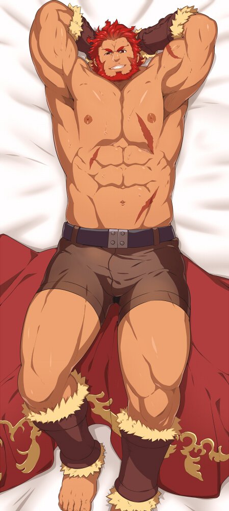 1boy abs bara barefoot beard belt cape chest dakimakura facial_hair fate/grand_order fate_(series) leather looking_at_viewer lying male_focus mazjojo muscle nipples on_back pants pectorals red_eyes redhead rider_(fate/zero) scar shorts smile topless