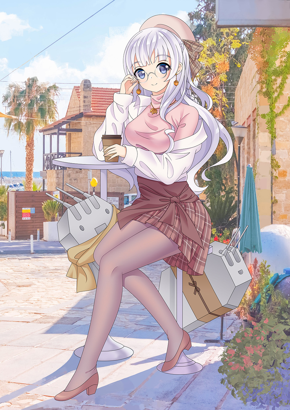 1girl azur_lane blue_eyes breasts brick_wall cannon casual coffee_cup commentary_request contemporary cup disposable_cup earrings edinburgh_(azur_lane) glasses hat head_tilt highres house hoxi jewelry leaf long_hair looking_at_viewer maple_leaf medium_breasts necklace off-shoulder_shirt off_shoulder palm_tree pantyhose pink_hair pink_shirt plaid plaid_skirt purple_footwear purple_legwear round_eyewear shirt silver_hair sitting skirt smile solo stool table tree turret turtleneck undershirt white_shirt