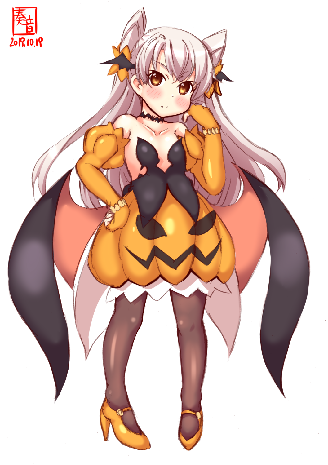 1girl alternate_costume amatsukaze_(kantai_collection) artist_logo black_legwear blush commentary_request dated detached_sleeves full_body hair_ornament halloween_costume high_heels highres jack-o'-lantern kanon_(kurogane_knights) kantai_collection long_hair looking_at_viewer orange_footwear pantyhose pumpkin_skirt silver_hair simple_background solo standing two-tone_dress two_side_up white_background