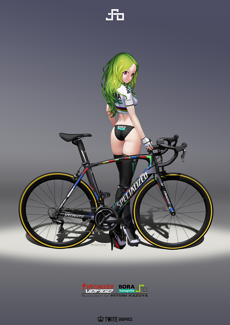 1girl artist_name ass bangs bicycle bike_jersey black_legwear breasts closed_mouth clothes_writing crop_top fingerless_gloves from_behind full_body gloves gradient gradient_background green_hair grey_background ground_vehicle high_heels highres hitomi_kazuya long_hair looking_at_viewer looking_back medium_breasts original parted_bangs shadow smile solo standing thigh-highs violet_eyes white_footwear white_gloves