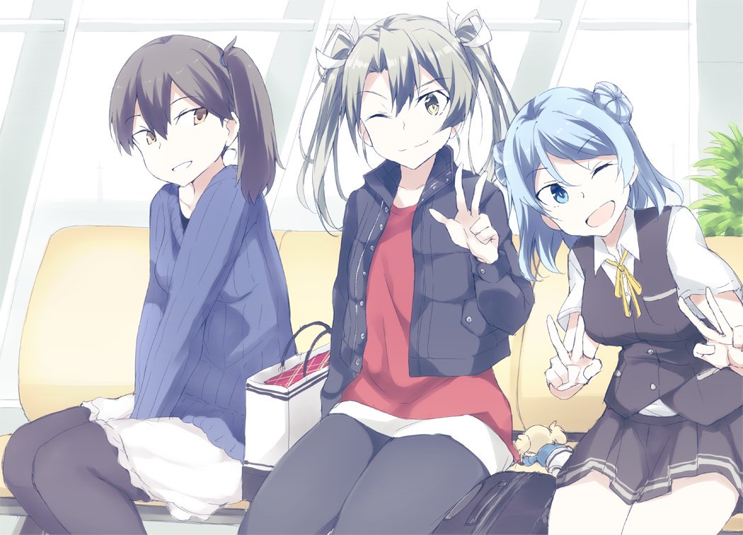 3girls alternate_costume bag black_jacket black_legwear black_pants black_skirt black_vest blue_hair blue_sweater brown_eyes commentary_request couch cowboy_shot double_bun dress_shirt green_eyes grey_hair hat jacket kaga_(kantai_collection) kantai_collection long_hair looking_at_viewer luggage multiple_girls pants pantyhose pleated_skirt red_shirt ribbed_sweater sailor_hat school_uniform shirt short_hair short_ponytail side_ponytail sitting skirt souji sweater urakaze_(kantai_collection) vest white_shirt zuikaku_(kantai_collection)