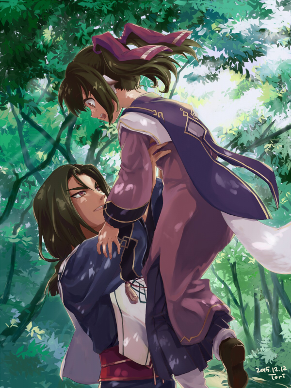 1boy 1girl animal_ears cape forest hair_ribbon lifting_person nape nature nekone_(utawareru_mono) oshutoru_(utawareru_mono) ribbon tail tori_(kitarune) tree twintails utawareru_mono utawareru_mono:_itsuwari_no_kamen