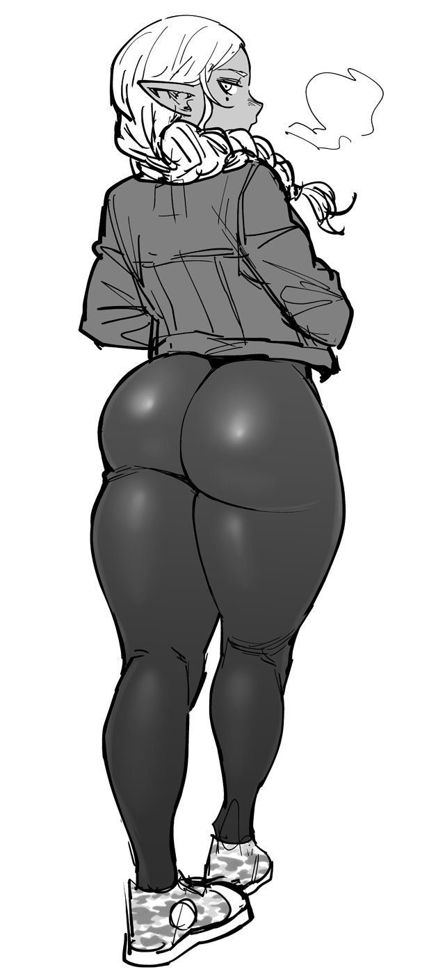 1girl ass braid breath commentary_request dark_skin elf-san_wa_yaserarenai. from_behind highres kuroeda-san long_hair looking_at_viewer looking_back mole mole_under_eye monochrome pointy_ears shoes skin_tight sneakers solo sweater synecdoche thick_thighs thighs