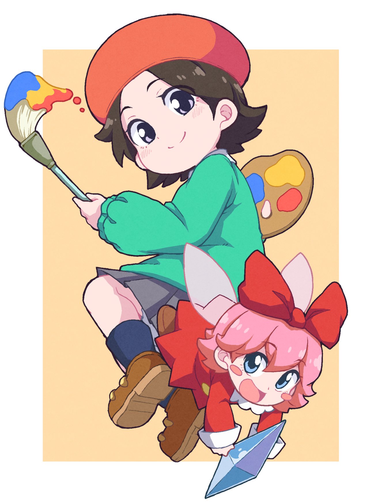 2girls adeleine beret black_legwear blue_eyes blush bow brown_hair closed_mouth crystal eyebrows_visible_through_hair fairy grey_skirt hair_bow hal_laboratory_inc. hat highres holding holding_paintbrush hoshi_no_kirby hoshi_no_kirby_64 human kirby_(series) kirby_64 looking_at_viewer multiple_girls nazonazo_(nazonazot) nintendo open_mouth paint paintbrush palette pink_hair red_bow ribbon_(kirby) short_hair skirt smile socks
