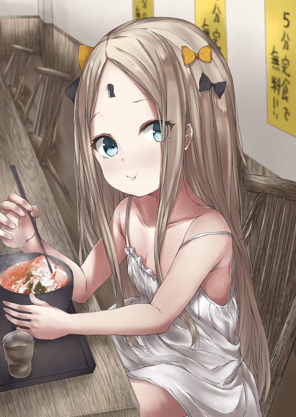 1girl abigail_williams_(fate/grand_order) bangs bare_shoulders black_bow blonde_hair blue_eyes blush bow bowl breasts closed_mouth collarbone cup eating fate/grand_order fate_(series) food forehead highres keyhole long_hair looking_at_viewer orange_bow parted_bangs parusu_(ehyfhugj) sitting small_breasts solo table white_camisole