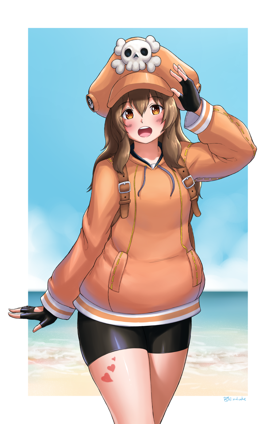 1girl beach black_shorts blush breasts brown_eyes brown_hair commentary_request eyebrows_visible_through_hair finalcake fingerless_gloves gloves guilty_gear hat highres long_hair looking_at_viewer may_(guilty_gear) open_mouth orange_headwear orange_shirt pirate_hat shirt shorts skull_and_crossbones smile solo upper_teeth