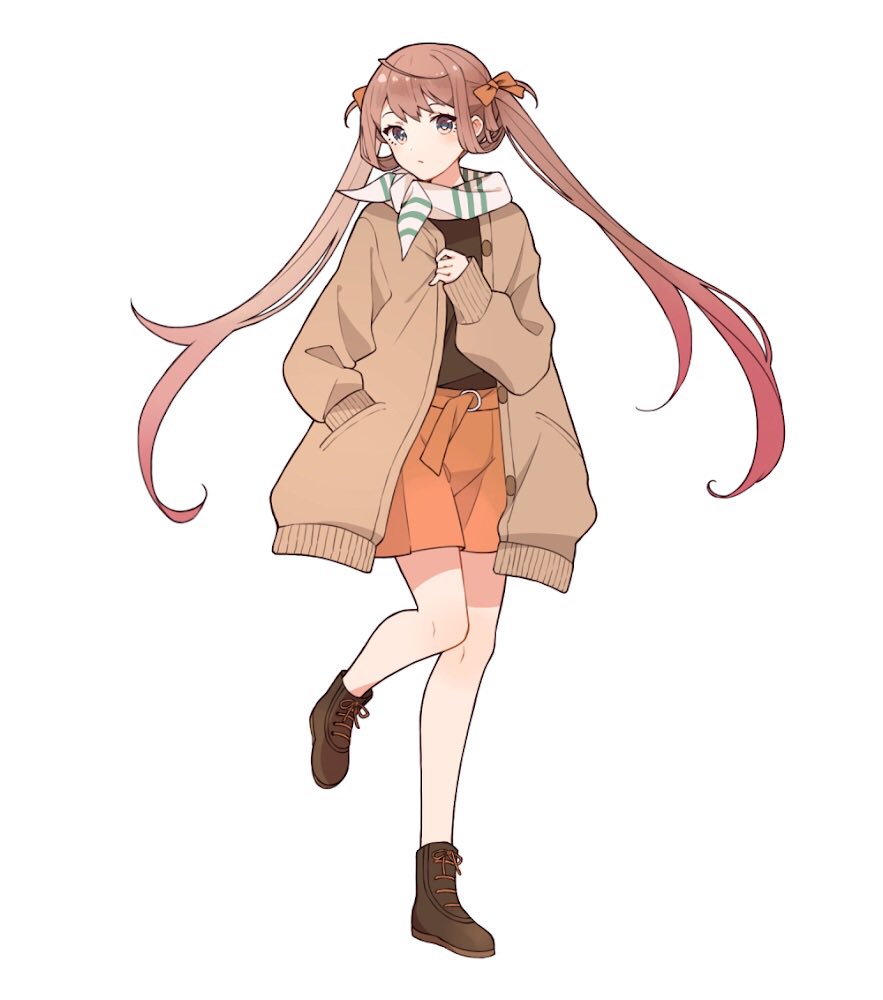 1girl alternate_costume asagumo_(kantai_collection) bow casual commentary_request full_body hair_bow hand_in_pocket jacket kantai_collection long_hair long_sleeves looking_at_viewer orange_bow orange_shorts shakemi_(sake_mgmgmg) shorts simple_background solo standing standing_on_one_leg twintails white_background white_neckwear