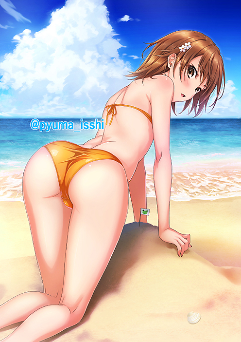 1girl all_fours ascii_media_works ass beach bikini blue_sky brown_eyes brown_hair clouds commentary_request day feet_out_of_frame flag flower from_behind hair_flower hair_ornament hairclip j.c._staff looking_at_viewer looking_back misaka_mikoto orange_bikini outdoors puma_(hyuma1219) sand short_hair sky solo summer swimsuit to_aru_kagaku_no_railgun to_aru_majutsu_no_index tsundere