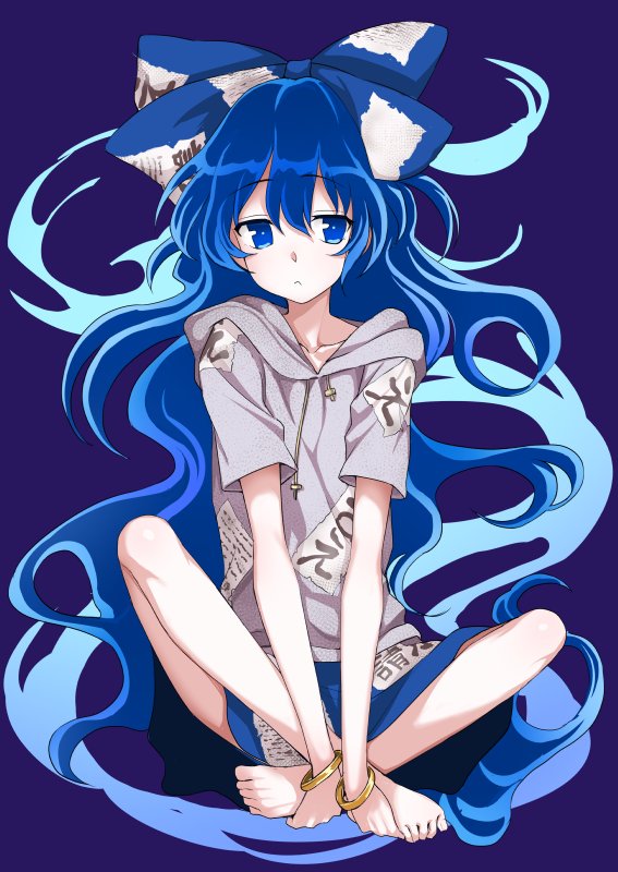 1girl :&lt; bangle bangs barefoot blue_bow blue_eyes blue_hair blue_skirt blush bow bracelet crossed_legs debt drawstring eyebrows_visible_through_hair full_body grey_hoodie hair_bow hood hood_down hoodie jewelry kumadano long_hair messy_hair purple_background simple_background sitting skirt solo touhou yorigami_shion