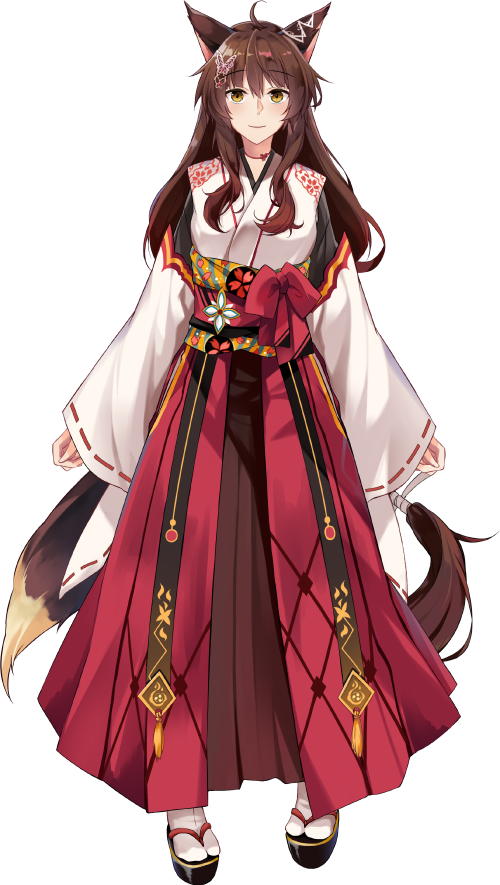 1girl ahoge animal_ears blush bow brown_hair butterfly_hair_ornament closed_mouth detached_sleeves fox_ears fox_tail full_body fumi_(nijisanji) hair_between_eyes hair_ornament hakama hirai_yuzuki japanese_clothes long_hair long_sleeves looking_at_viewer nijisanji obi official_art red_bow red_hakama sandals sash smile solo standing tabi tachi-e tail transparent_background virtual_youtuber wide_sleeves yellow_eyes