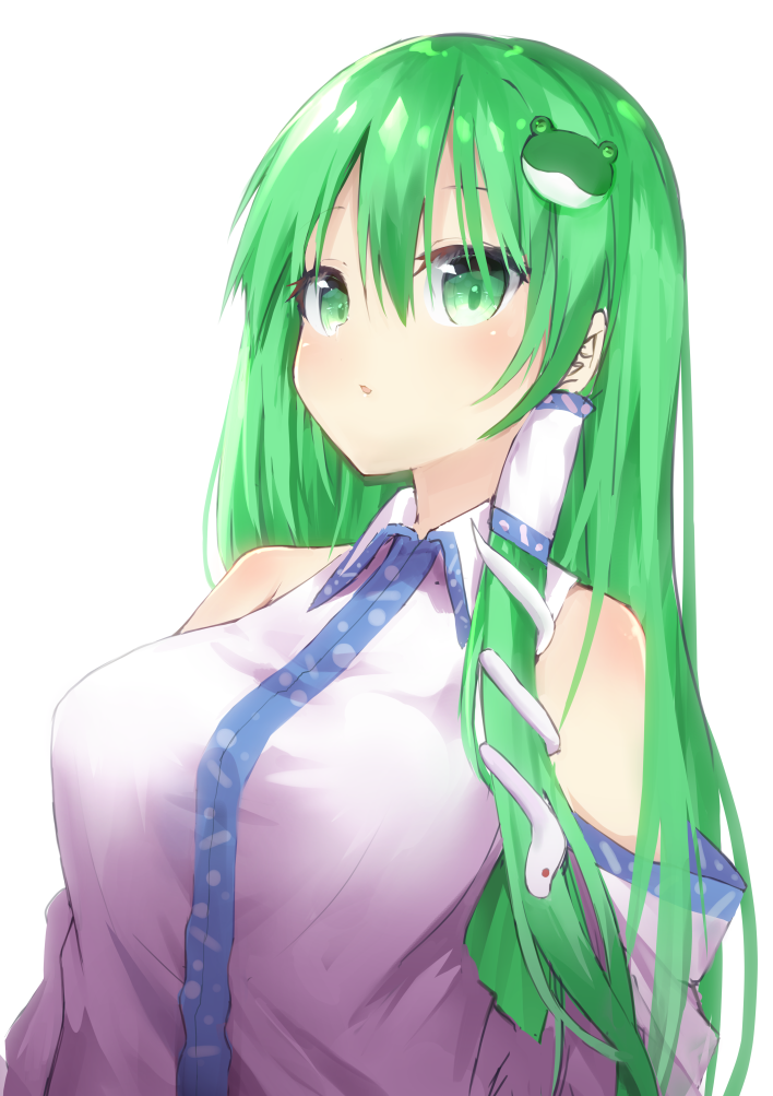 1girl bangs bare_shoulders blush breasts choro_tofu commentary_request detached_sleeves frog_hair_ornament green_eyes green_hair hair_between_eyes hair_ornament hair_tubes kochiya_sanae large_breasts long_hair long_sleeves looking_at_viewer parted_lips shirt simple_background single_sidelock snake snake_hair_ornament solo touhou upper_body white_background white_shirt