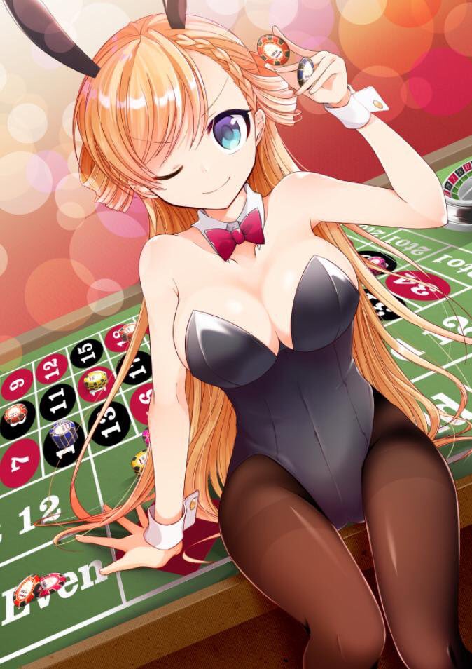 1girl animal_ears black_legwear black_leotard blonde_hair blue_eyes bow bowtie braid breasts bunnysuit cowboy_shot detached_collar funmatu half_updo large_breasts leotard long_hair looking_at_viewer original pantyhose poker_chip rabbit_ears red_neckwear rinna_milford roulette roulette_table sitting smile solo strapless strapless_leotard thighband_pantyhose wrist_cuffs