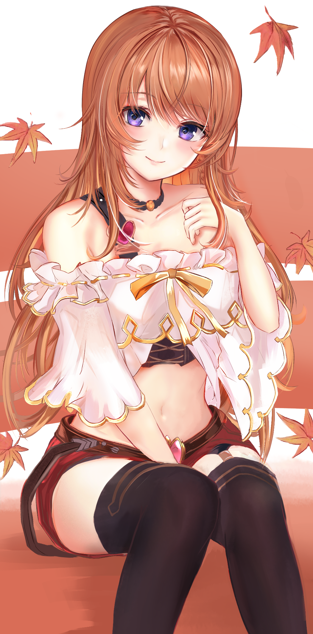 1girl autumn_leaves bare_shoulders between_legs black_legwear choker collarbone crop_top granblue_fantasy hand_up highres lecia_(granblue_fantasy) long_hair looking_at_viewer midriff navel off-shoulder_shirt off_shoulder orange_hair red_shorts ria_(riarea00) shirt short_shorts shorts single_garter_strap single_strap sitting smile solo stomach thigh-highs undershirt violet_eyes