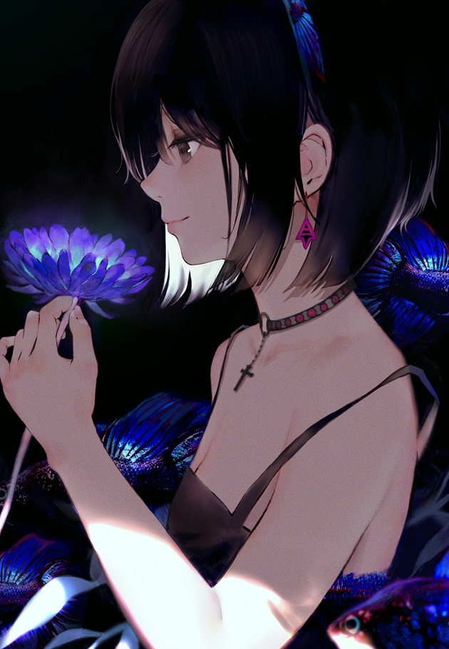 1girl bangs bare_arms bare_shoulders black_background black_dress black_hair blue_flower blush brown_eyes closed_mouth collarbone commentary_request dress earrings eyebrows_visible_through_hair flower glowing hair_between_eyes hisahisahisahisa holding holding_flower jewelry light_smile original profile short_hair sleeveless sleeveless_dress solo upper_body