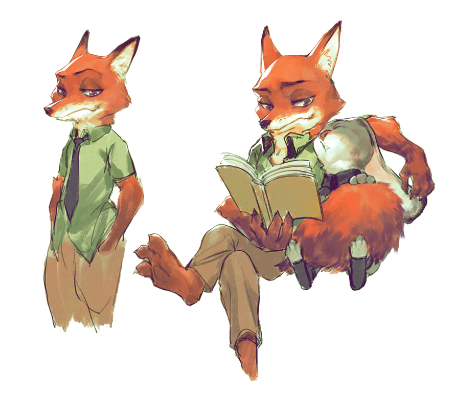 1boy 1girl animal black_neckwear book brown_pants closed_eyes closed_mouth collar collared_shirt crossed_legs fox green_shirt hand_in_pocket hangleing holding holding_book judy_hopps looking_at_another looking_at_viewer multiple_persona necktie nick_wilde pants reading shirt simple_background sitting sleeping standing white_background zootopia