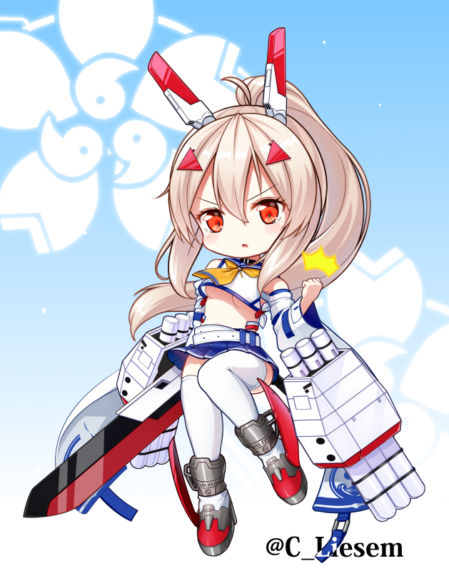 1girl ahoge ayanami_(azur_lane) azur_lane breasts chibi commentary_request detached_sleeves gradient gradient_background hair_ornament hairclip headgear long_hair looking_at_viewer machinery navel orange_eyes parted_lips patterned_background pleated_skirt ponytail risemu_(c_liesem) school_uniform serafuku silver_hair simple_background skirt solo sword thigh-highs torpedo_tubes turret twitter_username under_boob weapon white_legwear wide_sleeves zettai_ryouiki