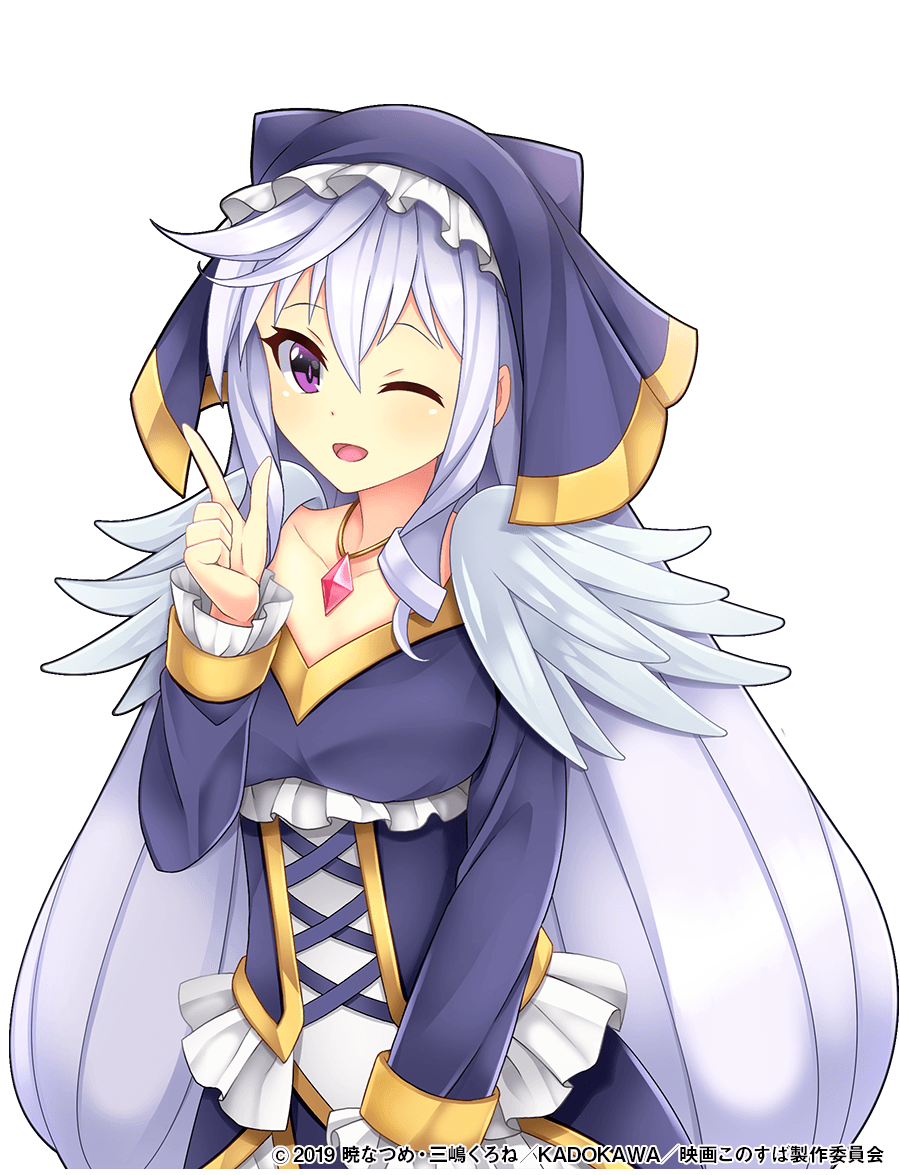 1girl breasts cowboy_shot crossover dress edamame_senpai eris_(konosuba) feather_trim hair_between_eyes index_finger_raised jewelry kono_subarashii_sekai_ni_shukufuku_wo! long_hair looking_at_viewer medium_breasts necklace official_art one_eye_closed open_mouth pendant silver_hair simple_background smile solo veil violet_eyes vivid_army watermark white_background