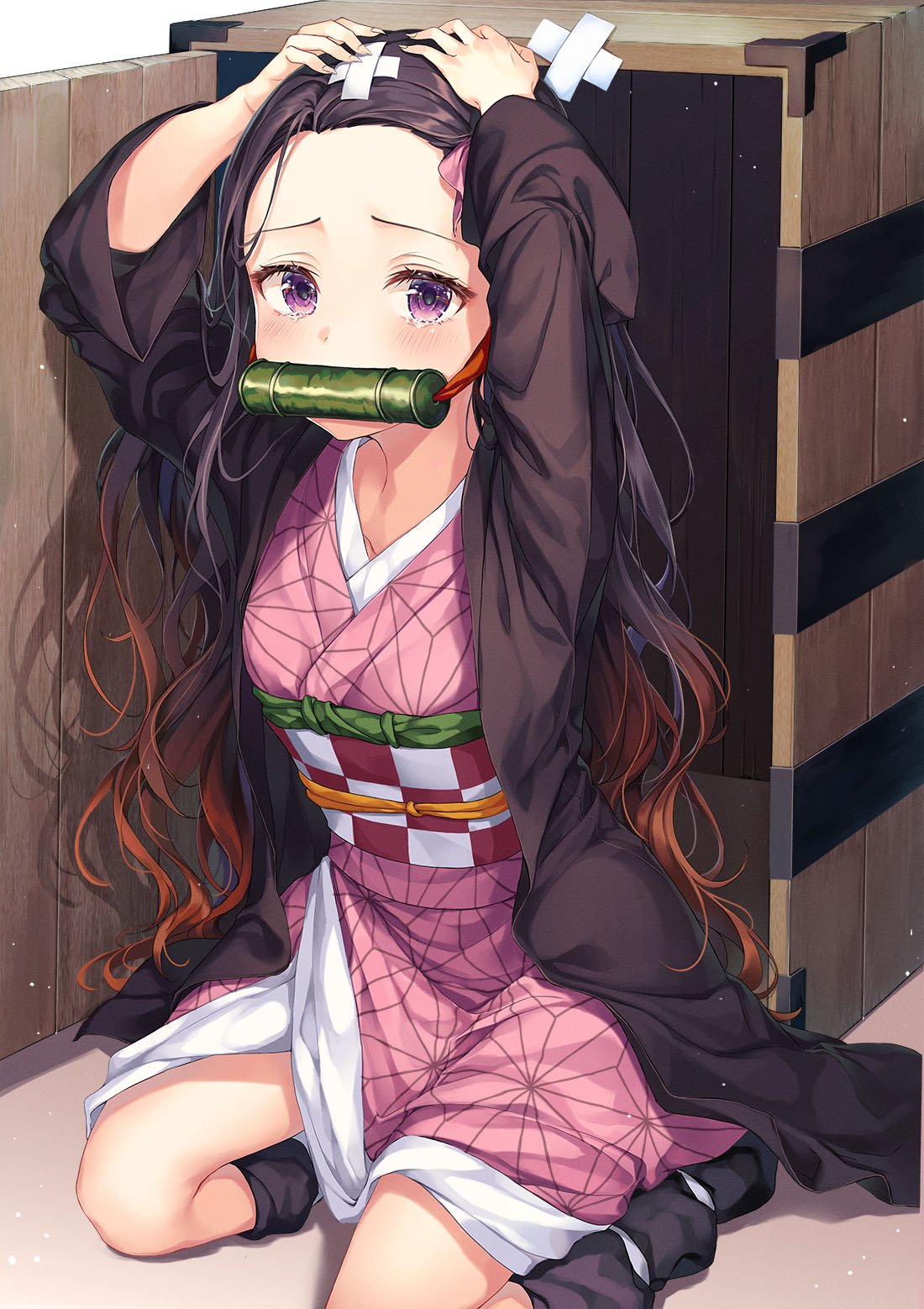 1girl arms_up bandages bit_gag black_hair black_legwear box brown_hair forehead gag gradient_hair hands_on_own_head haori highres japanese_clothes kamado_nezuko kimetsu_no_yaiba kimono kneehighs long_hair long_sleeves looking_at_viewer multicolored_hair obi on_floor pink_kimono r_o_ha sash sitting solo tears two-tone_hair violet_eyes wavy_hair