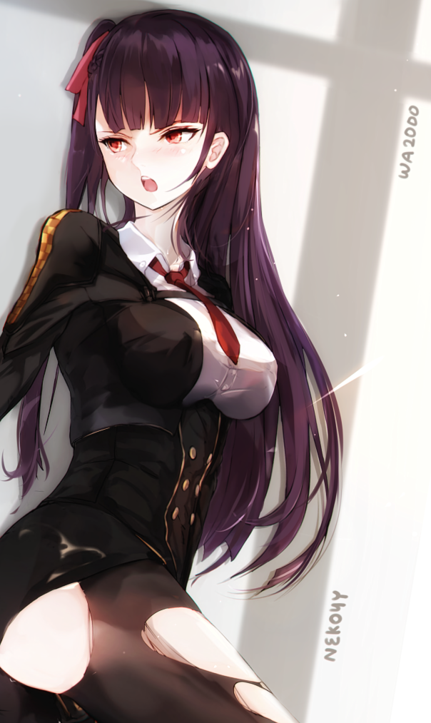 1girl artist_name ass bangs black_jacket black_legwear black_skirt blush braid breasts character_name dyolf eyebrows_visible_through_hair girls_frontline hair_ribbon jacket long_hair medium_breasts necktie one_side_up open_mouth pantyhose purple_hair red_eyes red_neckwear red_ribbon ribbon round_teeth skirt solo teeth torn_clothes torn_legwear typo upper_teeth very_long_hair wa2000_(girls_frontline)