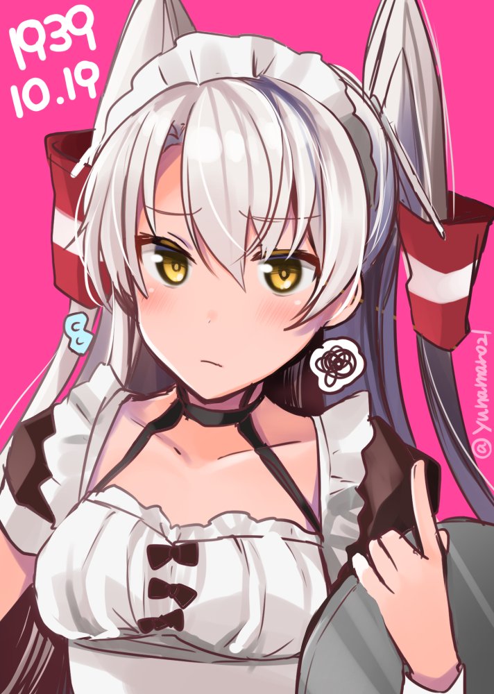 1girl alternate_costume amatsukaze_(kantai_collection) choker dated hair_tubes kantai_collection long_hair looking_at_viewer maid maid_headdress pink_background silver_hair simple_background solo squiggle tray twitter_username two_side_up upper_body waitress windsock wrist_cuffs yunamaro